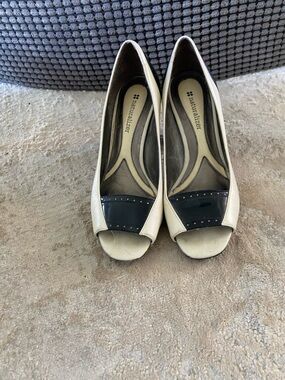 Naturalizer Cream Peep-Toe Heels with Black Patent Accent